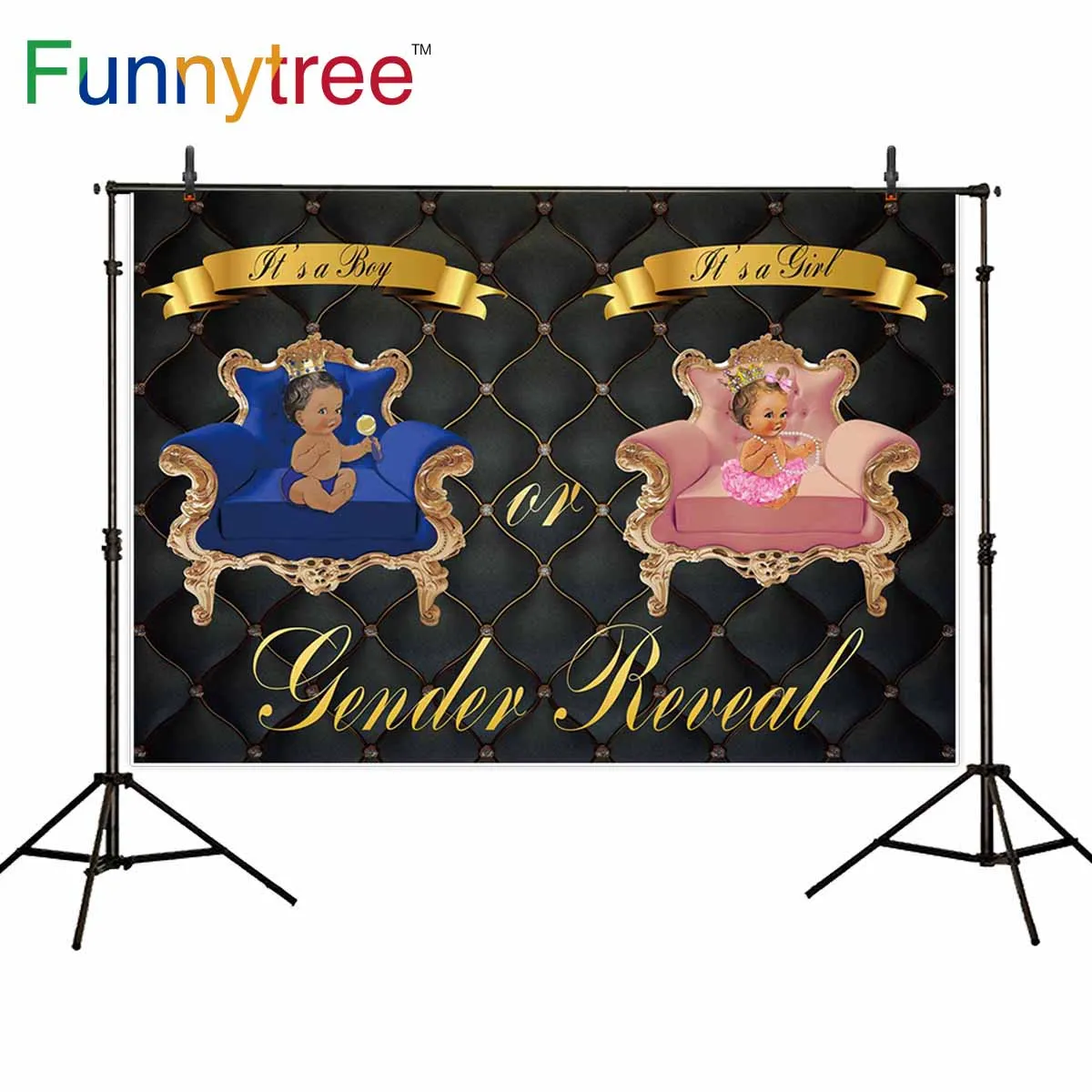 Funnytree gender rereal background photocall black headboard blue pink chair luxury photography backdrops for photo cloths