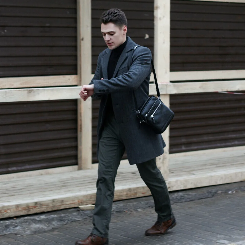 BISON DENIM Classic Black Male Bag Genuine Leather Business Crossbody Bag iPad Mens Messenger Bag Casual bolsas male N2845