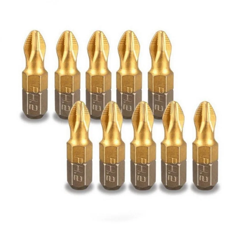 10pcs Mini Titanium Coated Cross Twist 1/4 Philllips Screwdriver Bits 25mm Hex Shank Torque PH2 Magnetic Screwdriver Bits Set