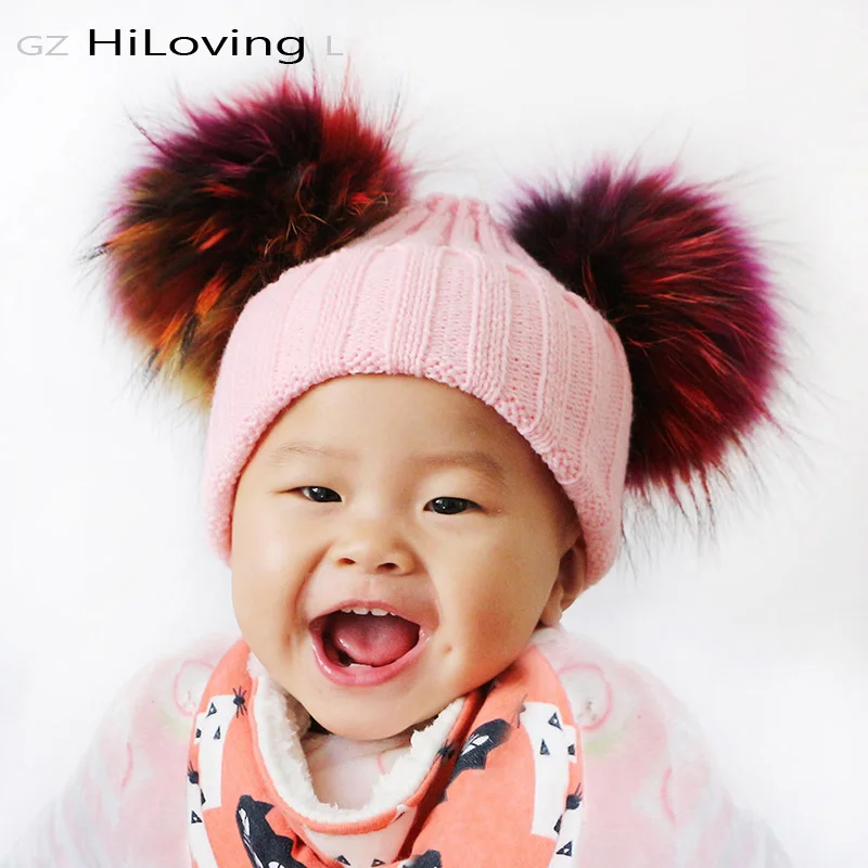 GZHilovingL INS Baby Girls Boys Autumn Winter Knitted Hats Real Multi Color Fur Ball For Kids Child Soft Acrylic Fur Pompom Hats