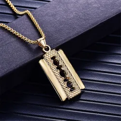 Punk Razor Blade Pendants Necklaces Gold Color Stainless Steel Chain Barber Shop Necklace for Men Jewelry