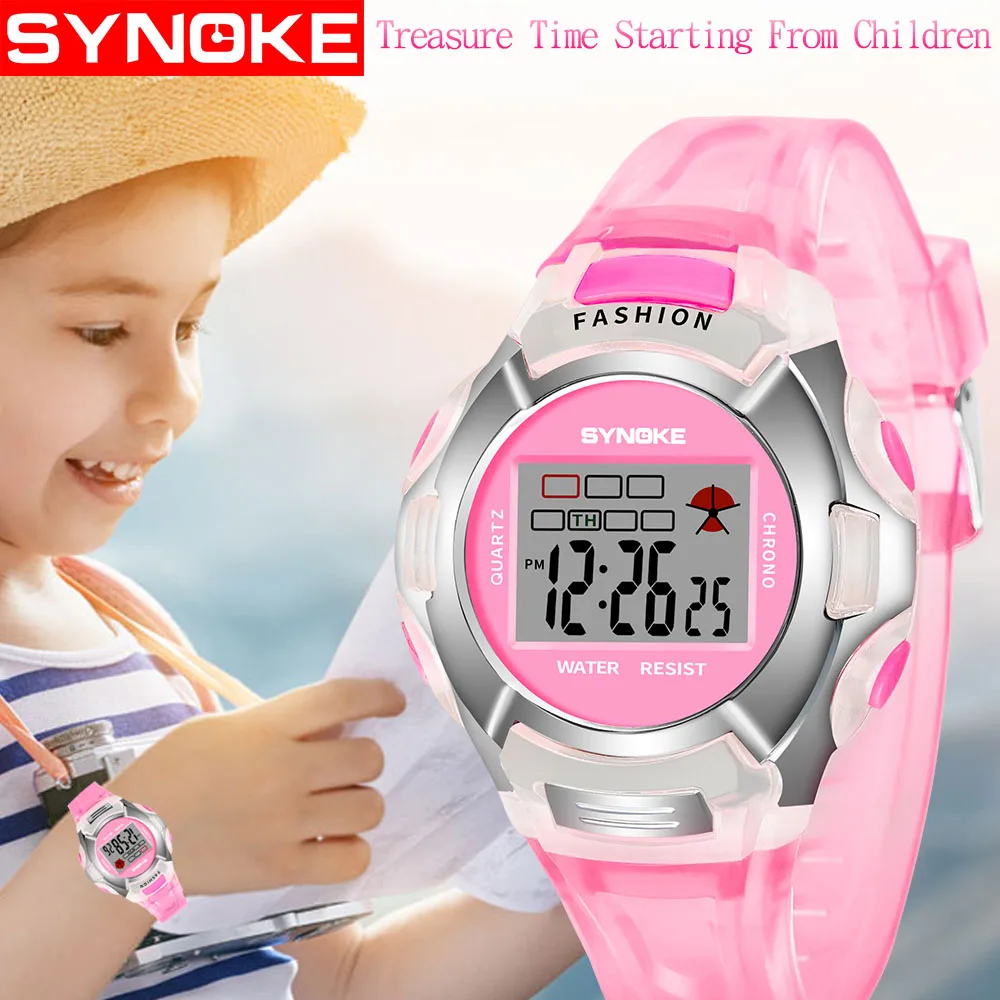 SYNOKE Sports Kids Watches Cartoon Rubber Digital Watch LED Students Wristwatch Girls Boys Gifts Electronic Clock