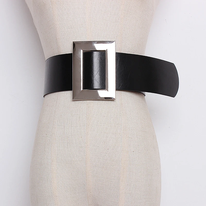 

Top Quality black Leather Belts for Women Cummerbund Luxury Female wide silver metal Decorative Simple Waist Belt accessories