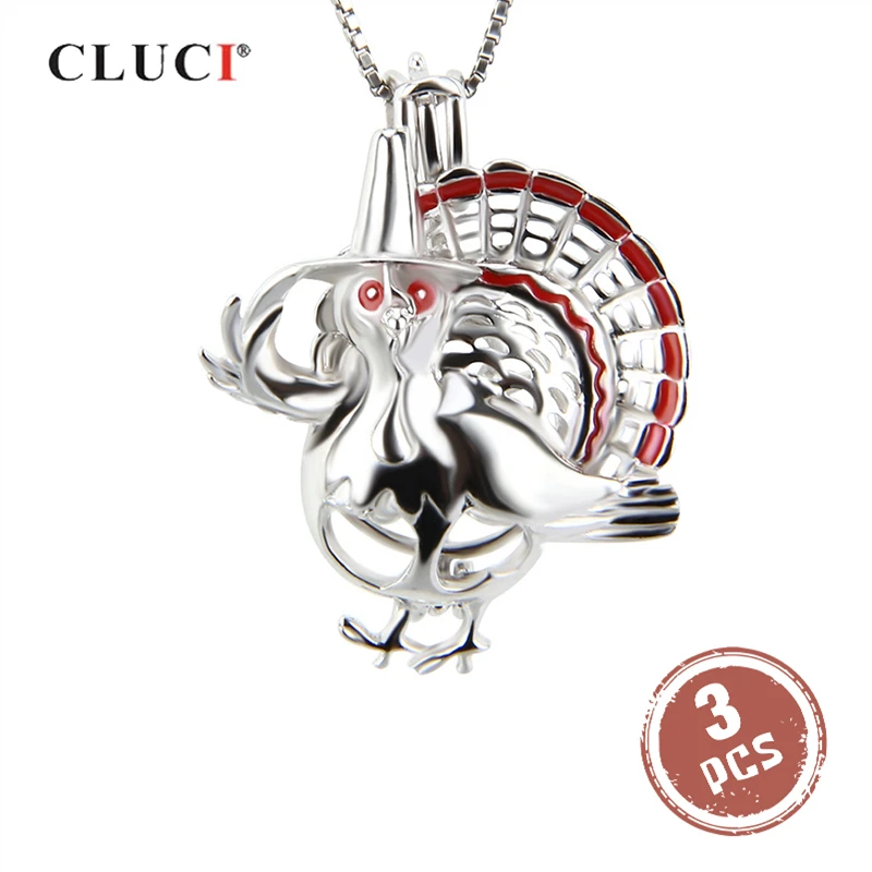 

CLUCI 3pcs Winged Turkey 925 Silver Pearl Cage Pendant Mounting Christmas and Thankgiving Gift for Women Pearl Locket SC149SB