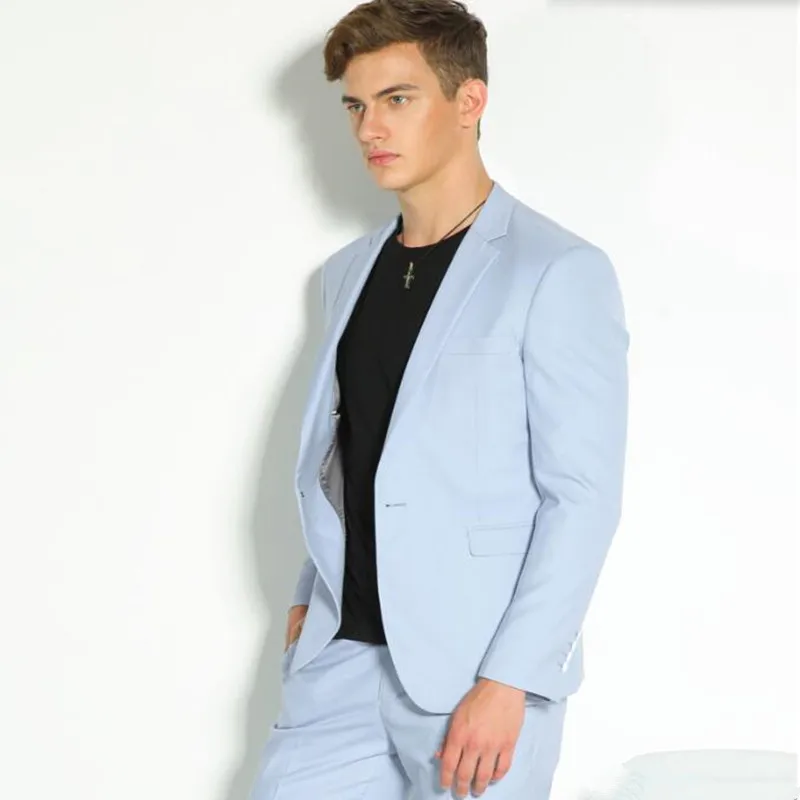 Light Blue Men's Casual Fashion Suits Men Custom Made Street Party Quality Suits Slim Fit Wedding Tuxedo Suits Ternos Masculino