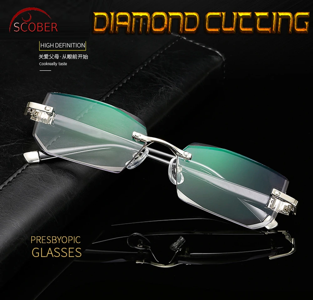 = SCOBER = Noble Elegant Diamond Cutting Gray lenses  Men Women Rimless Reading Glasses +0.75 +1 +1.25 +1.5 +1.75 +2 +2.25 to +4