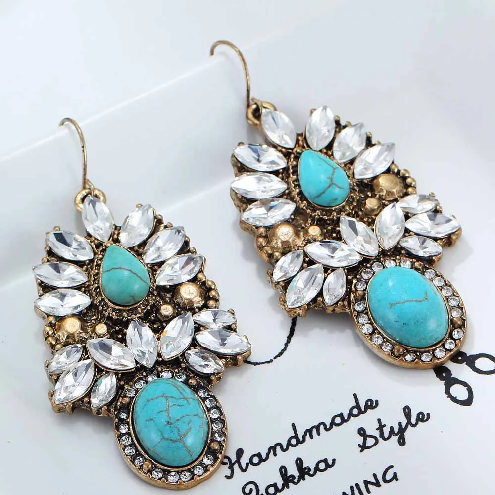 YaYi White Glass Rhinestone Blue Kallaite Earring Women's Fashion Ancient Gold Earrings gems Earrings For Women Girls E995