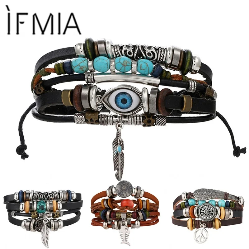 IFMIA BOHO Tibet Stein Feder Multilayer Leder Armband Auge Fisch Charme Perlen Armbänder für Männer Vintage Punk Wrap Armband