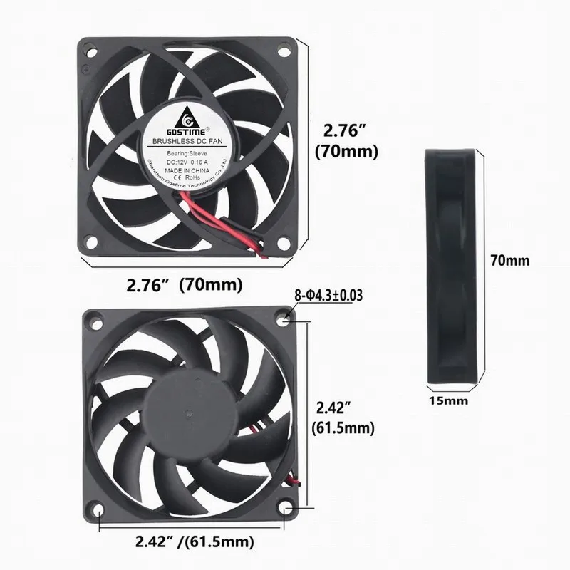 10 Pcs Gdstime 70x70x15mm 12V DC Burshless Cooling Fan 70mm x 15mm 7cm PC Case Cooler 70mmx70mmx15mm 7015 2Pin