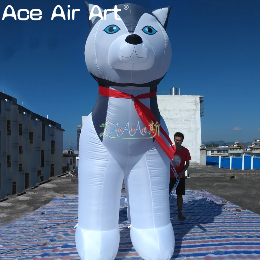 Big Majestic Outdoor Inflatable Lighting Husky in Red Scarf Animal Model for Yard Christmas decoration