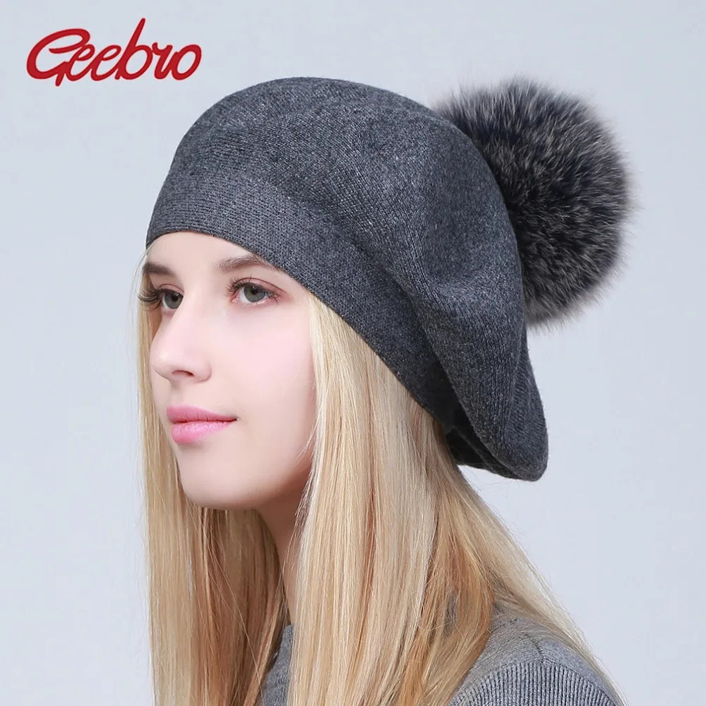 Geebro Women Berets Hat Winter Casual Knitted Wool Berets With Natural Raccoon Fur Pompon Ladies Solid Color Beret Hats GS109