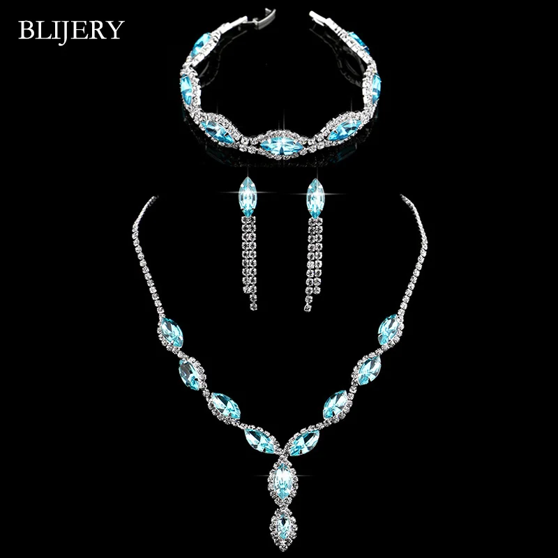 BLIJERY Charm Sky Blue Crystal Wedding Jewelry Set Silver Plated Floral Necklace Earrings Bracelet for Women Bridal Jewelry Sets