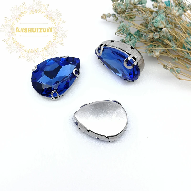 Light Sapphire Water droplet  Crystal Glass Sew-on Rhinestones with claw DIY Women's Dresses and clothes13*18 10*14 7*10 18*25