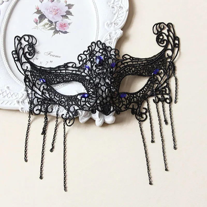 المرأة السوداء الدانتيل الثعلب القط حفلة تنكرية الوجه قناع عين حجر سلسلة شرابة الشعر بنس للشعر فستان بتصميم حالم زي الكرة اكسسوارات الحفلات