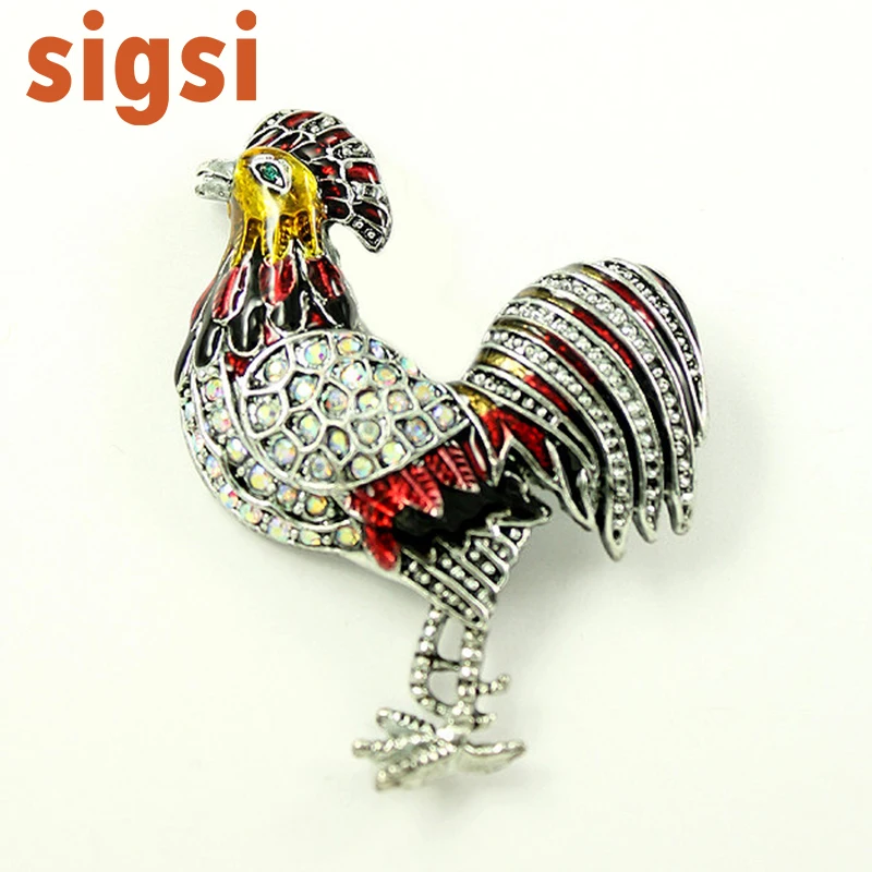 

2 .5H x 1 .5W inches Painted Metal Clear Crystal Rhinestone Fighting Morning Rooster Cock Pin Brooch