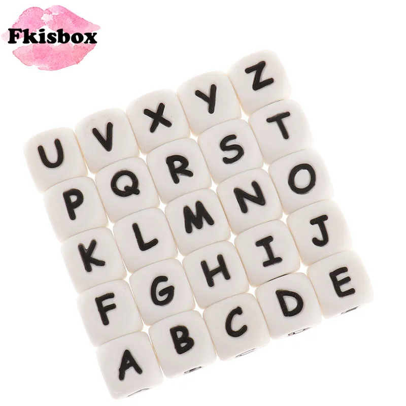 

Fkisbox 50pc Silicone Alphabet Letter Beads BPA Free Cube12mm Silicone Chewing Bead DIY Teething Chew Jewelry Necklace Beads