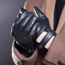 Spring Summer Men's Genuine Leather Gloves Touch Screen Gloves Fashion Breathable Black Gloves Sheepskin Mittens JM14