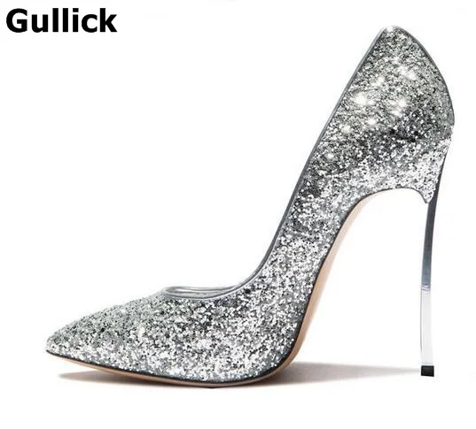 

Gullick women Sexy Bling Bling Sequin Blade Heel Pump Pointed Toe Slip-on High Heel Dress Shoes Metal Heel Glitter Shoes