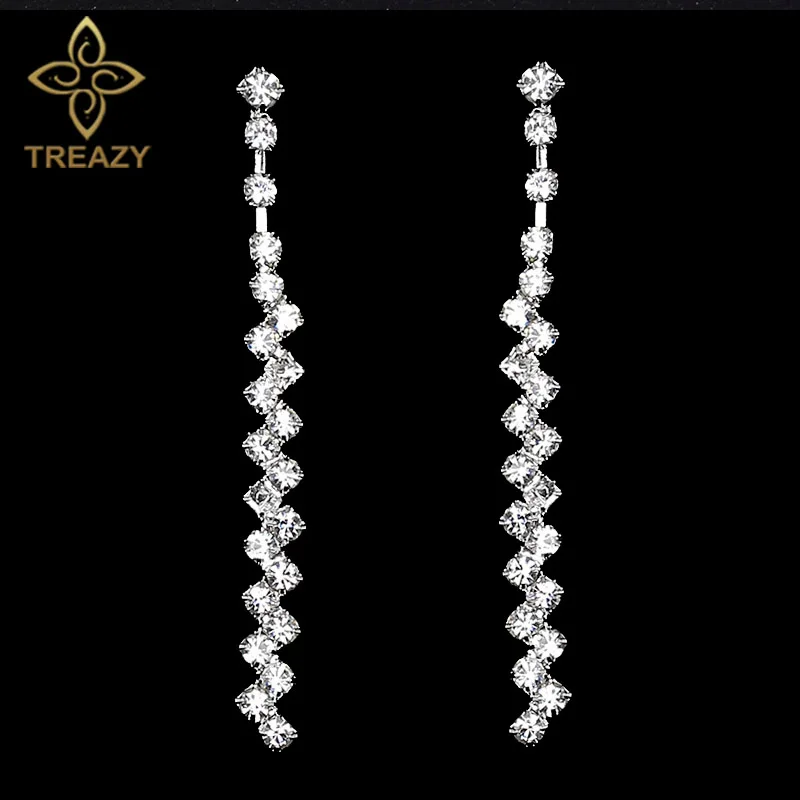 TREAZY Crystal Long Earrings for Women Wedding Jewelry Silver Color Rhinestone Bridesmaid Bridal Dangle Earrings Femme Brincos