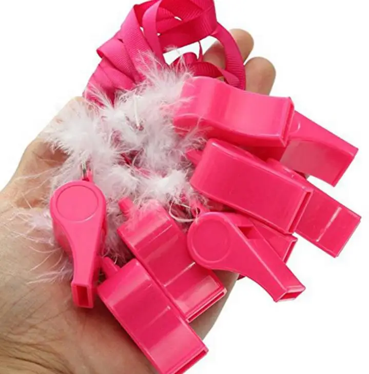 100pcs Pink Fluffy feather whistle blowing necklace hen party night do accessory stage funny joke noise maker concert cheer