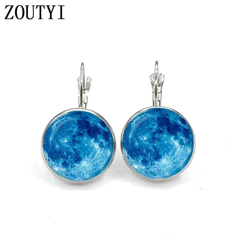 New/Charming Fashion Blue Moon Blue Nebula Space Pattern Earrings, Concave and Concave Glass Women's Earrings.