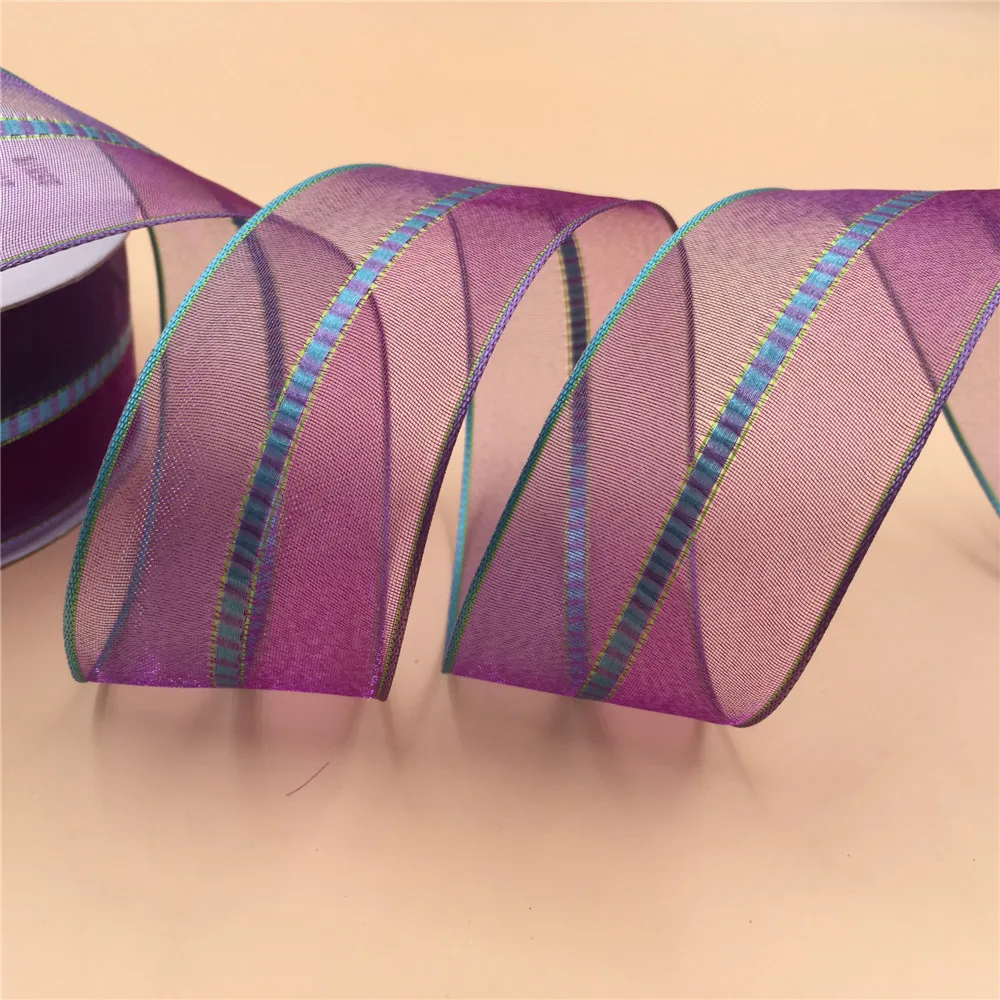 38MM X 25yards Wired purple organza ribbon with tartan in middle gift box packaging wire edged N2164