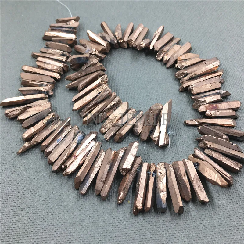 

MY0786 Natural Crystal Quartz Titanium Stick Beads,Brass Color Coated Spike Point Beads,Raw Quartz Top Drilled Beads