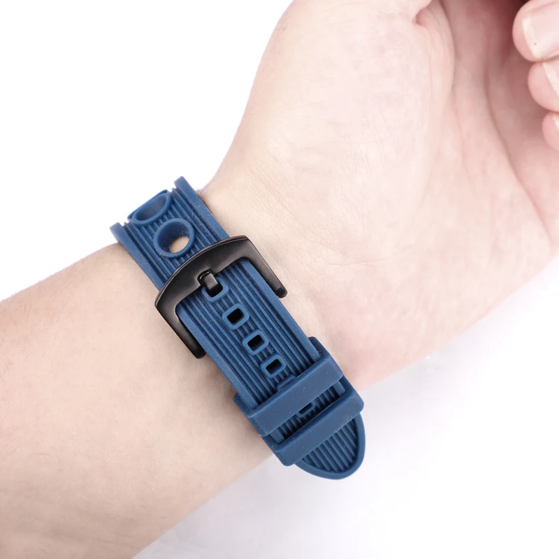 22mm Rubber Watchband Strap Men Soft Diving Black Blue Sport Watch Band Bracelet Metal Pin Buckle Watch Accessories