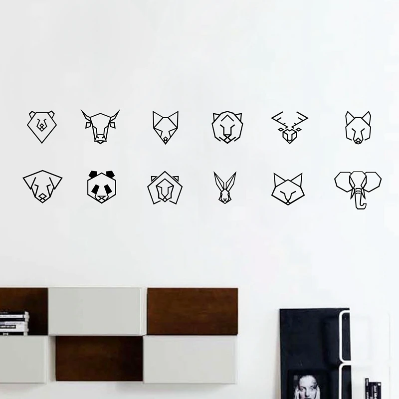 Geometric Animals Art Decor Wall Decals Bear Fox Tiger Deer Wolf Dog Lion Rabbit Cat Elephant Abstract Wild Animals Wall Sticker