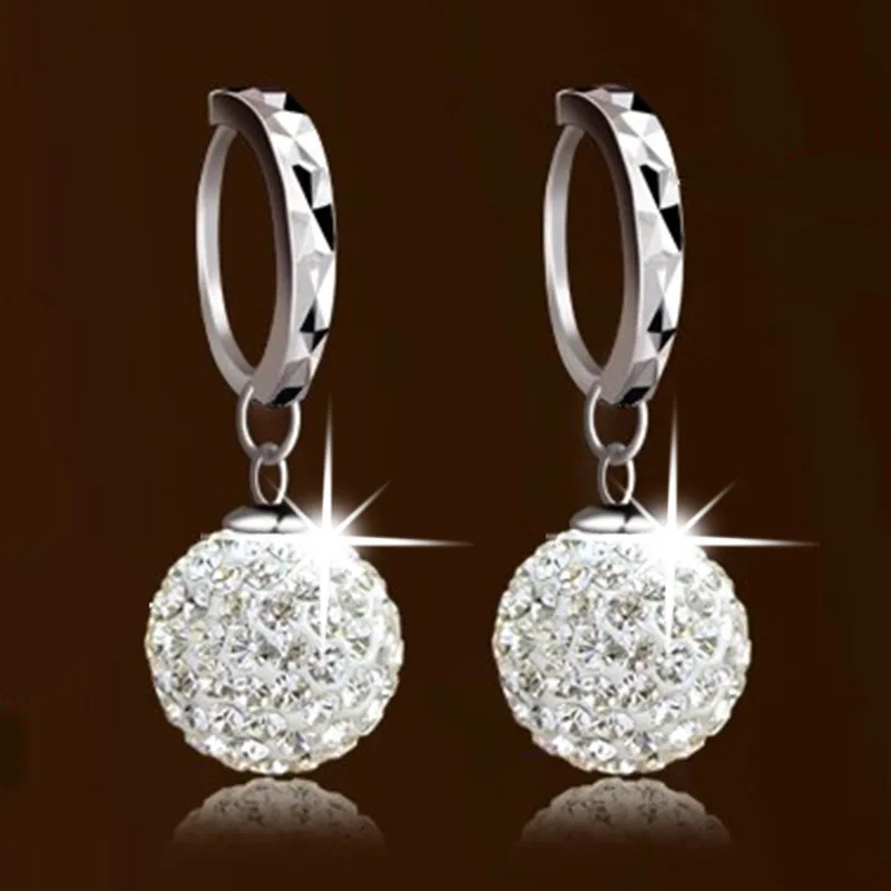 925 Silver Needle Fashion Shiny Crystal Shambhala Ball Ladies Drop Earrings Jewelry Women Birthday Gift Anti Allergy