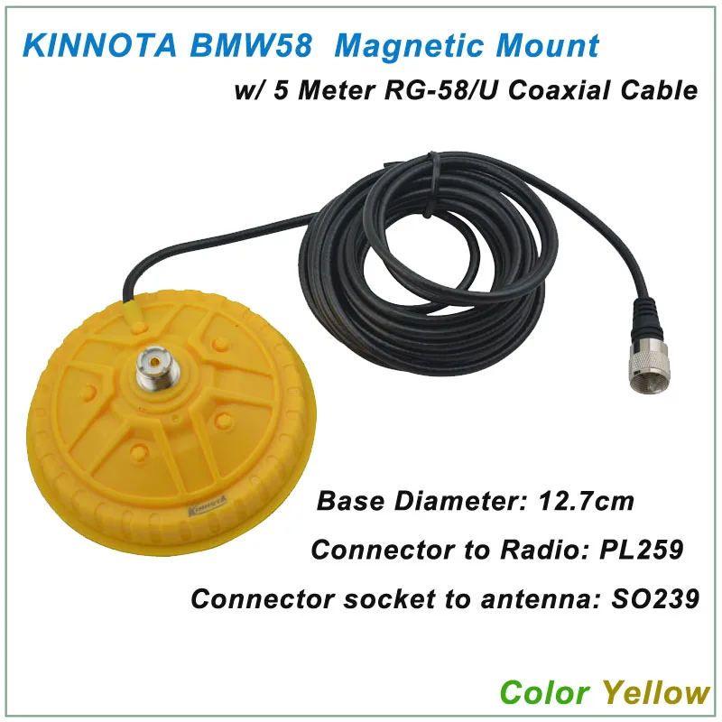 KINNUOTA BMW58 Color Yellow MAGNETIC MOUNT SO239 with 5 Meter RG-58/U Coaxial Cable PL259