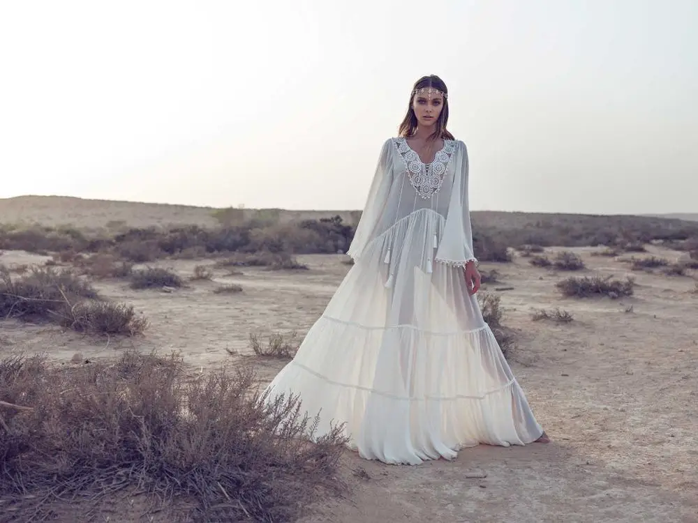 2019 Bohemian Vestidos de Casamento V-Neck Mangas Compridas Vestidos de Noiva Até O Chão Praia A-Line Vestido de Noiva Robe De Mariee