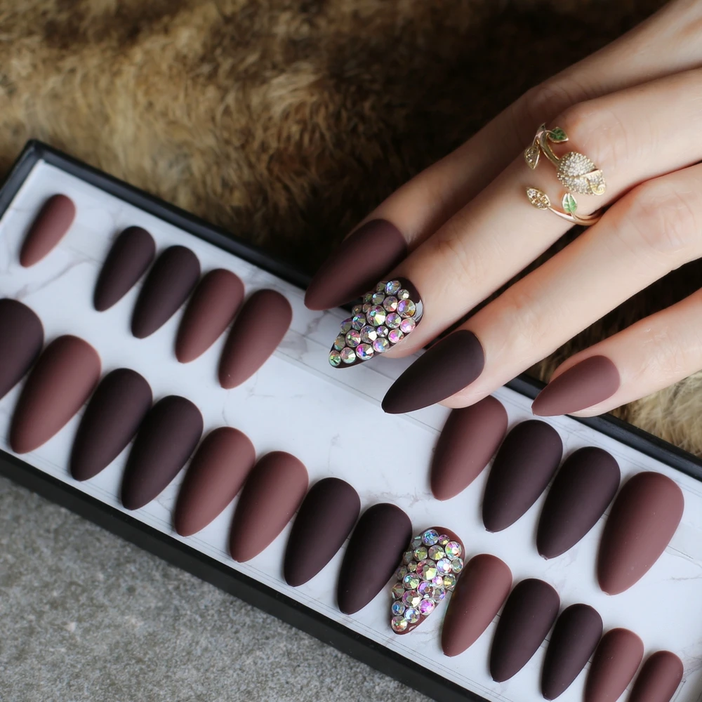 Dark coffee full crystal  stiletto fake nails nude full set 28pcs medium customize logo DIY Teardrop-shaped Matte Fake nails