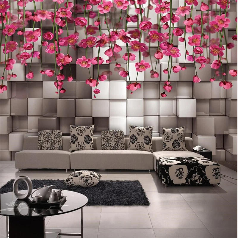 beibehang 3d Stereo black and white box red flower vine TV background wallpaper fresco living room sofa bedroom custom size