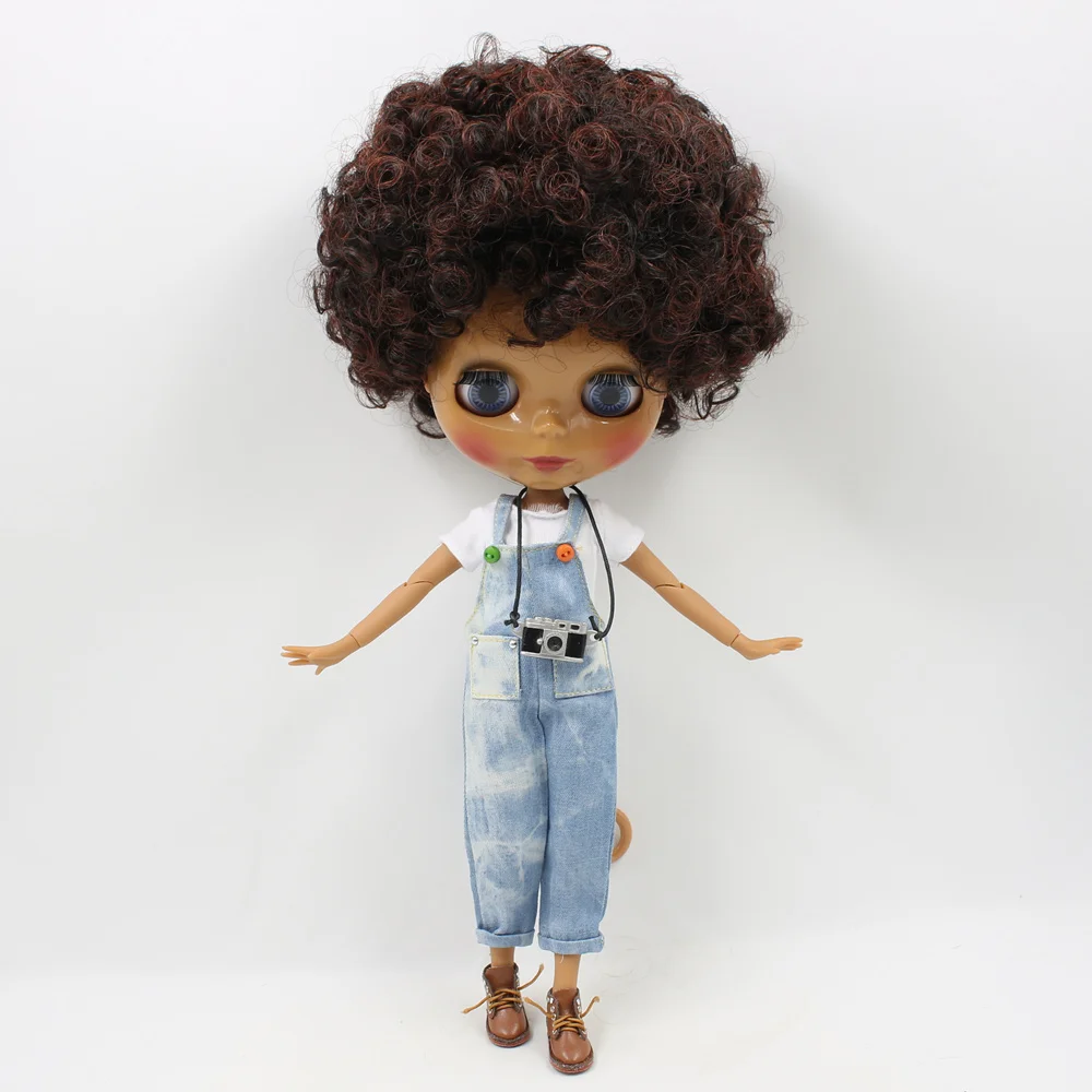 ICY DBS Blyth Doll 1/6 Short Curly Black mix Brown Hair Dark Skin glossy face bjd toy DIY with hand A&B No. 130BL910362