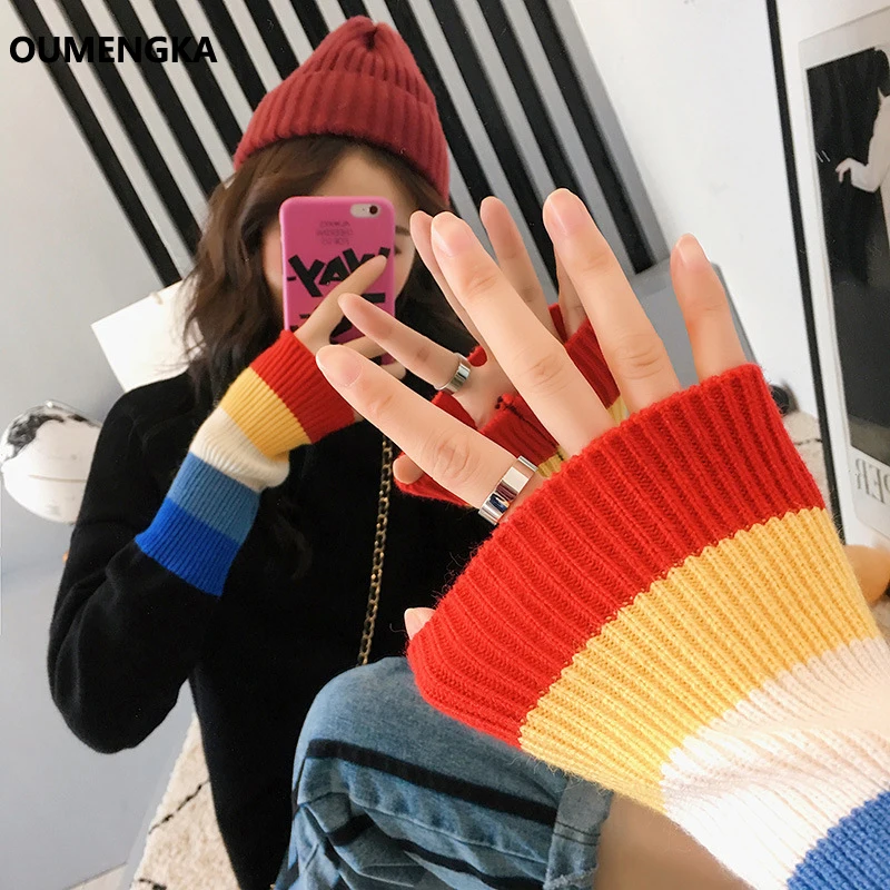 Female Korean Harajuku Clothing For Women Loose Wild Striped Casual Sweater Rainbow Sleeve Turtleneck Kawaii  Pullover Jumper