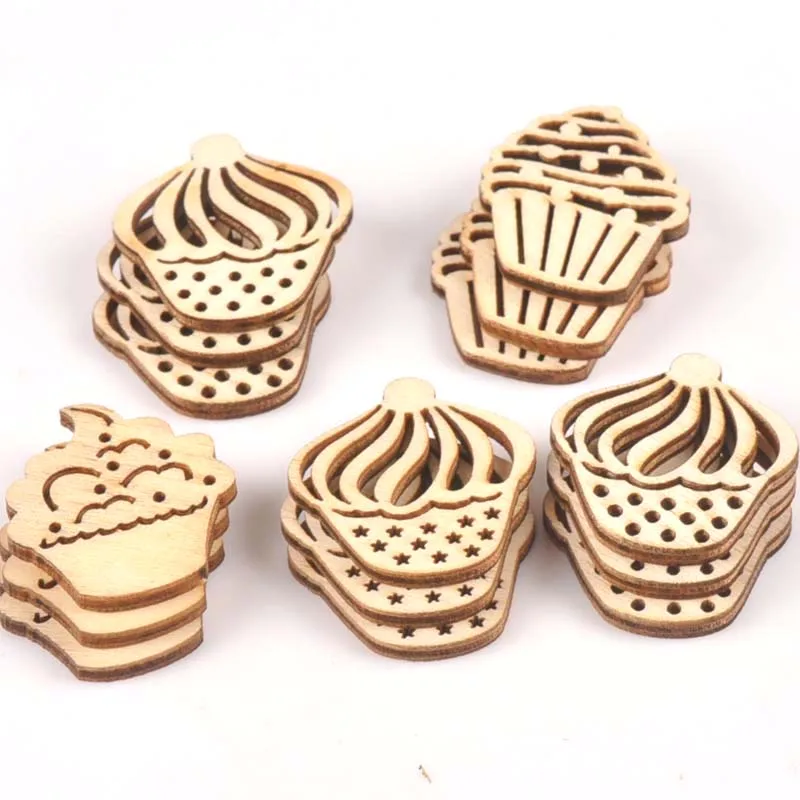 25pcs Della Miscela Scava Fuori Della Torta di Legno Ornamento FAI DA TE Fette di Artigianato Decorazione Della Casa Scrapbook di Legno Non Finiti