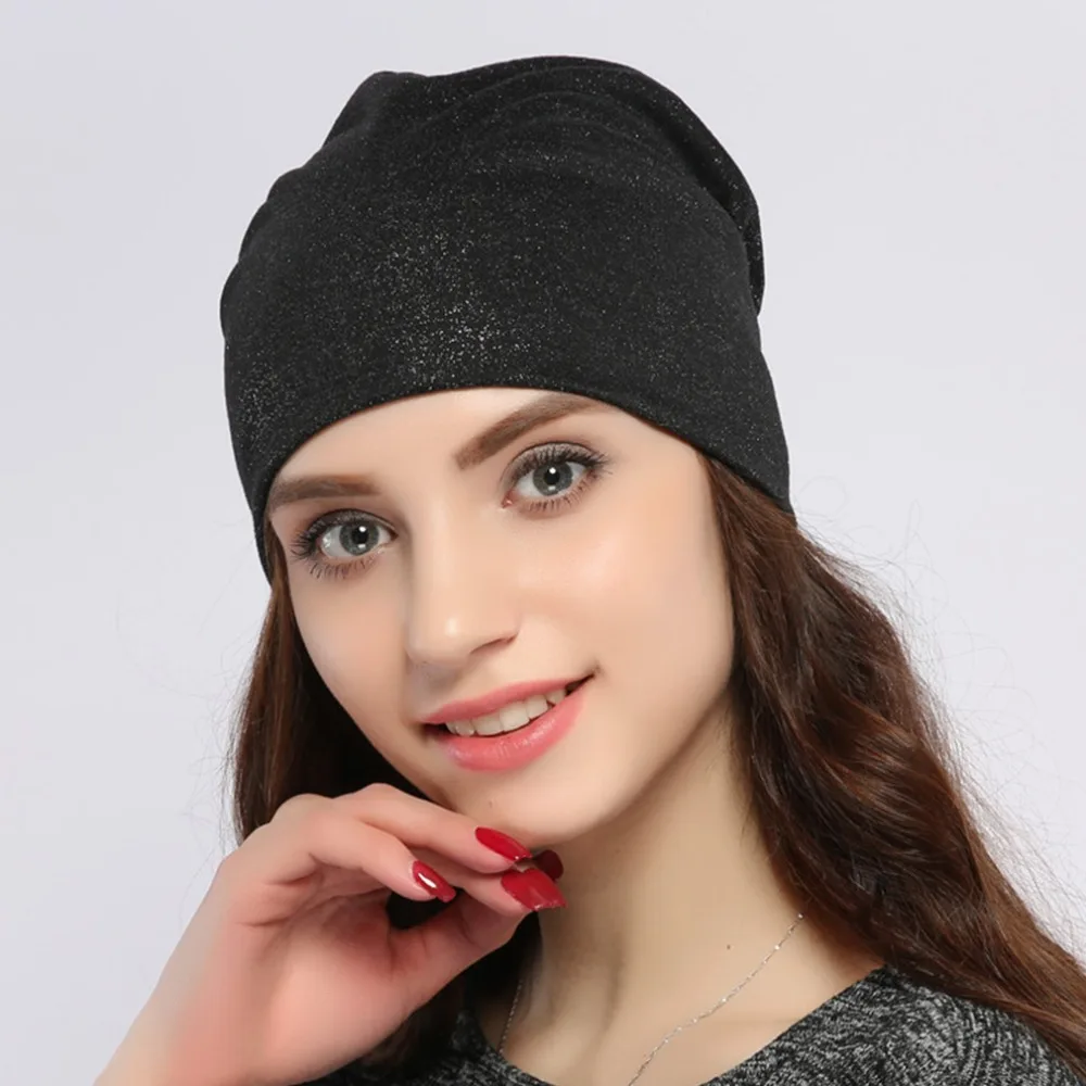 Geebro Spring Women\'s Bronzing Black Beanies Hat Casual Slouchy Beanie for Girls Metallic Color Skullies Cap Bonnet For Female