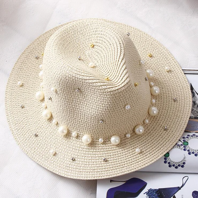 New Spring Summer Hats For Women Flower Beads Wide Brimmed Jazz Panama Hat Sun Visor Beach Hat Flower Pearl rivet Straw Hat