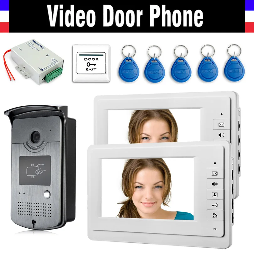 Visiophone avec écran de 7 pouces, système d'interphone vidéo, sonnette, 5 claviers RFID, caméra en alliage d'aluminium, alimentation électrique, sortie, 2 pièces