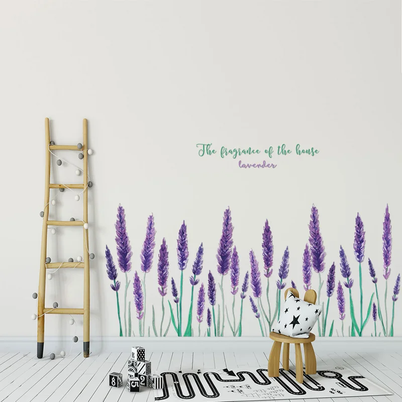 Purple Lavender Wall Sticker Bedroom Living Room Background Home Decoration Art Decals Romantic Flower Stickers Kick Line Mural