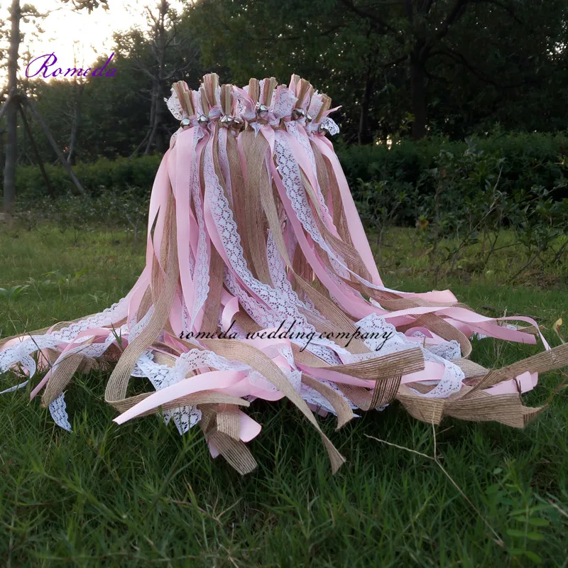 

Newest Burlap jute pink wedding ribbon wands stick with Lace and Bells for wedding party