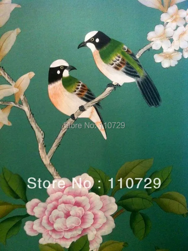 Home Decoration Hand painted silk wallpaper HAND PAINTED painting Plant with birds / flowers many pictures /backgrounds optional