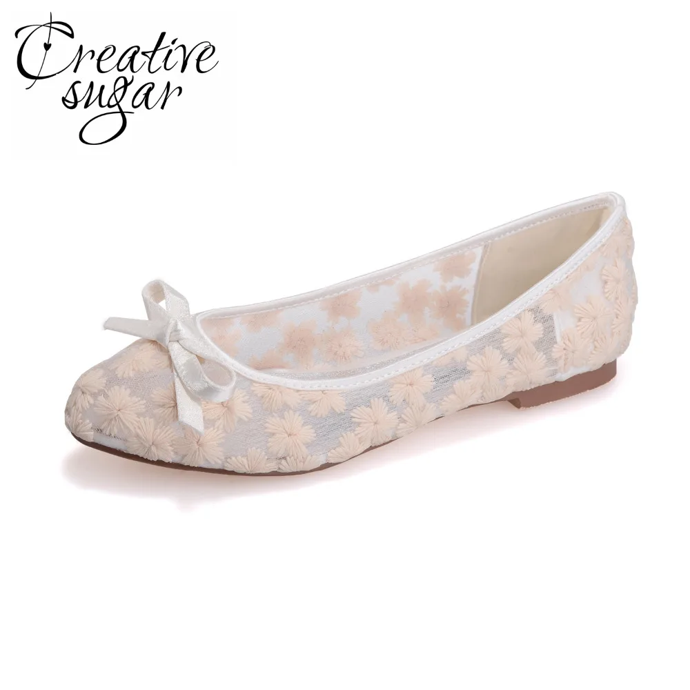 Creativesugar Sweet bow perspective see through lace flat woman pointed toe shoes prom pink blue ivory white sandals bridal shoe