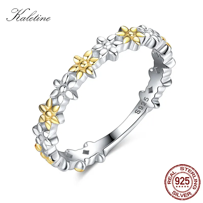 Kaletine 925 Sterling Silver Wedding Rings for Women Accessories Golden Flower Charm Gold Ring Men Jewelry Friends Alien KLTR149