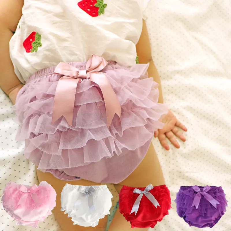 Summer Baby Bloomers Princess Bow Girls Short Pants Ruffle Mesh Infant Toddler Cotton Panties Diaper Covers