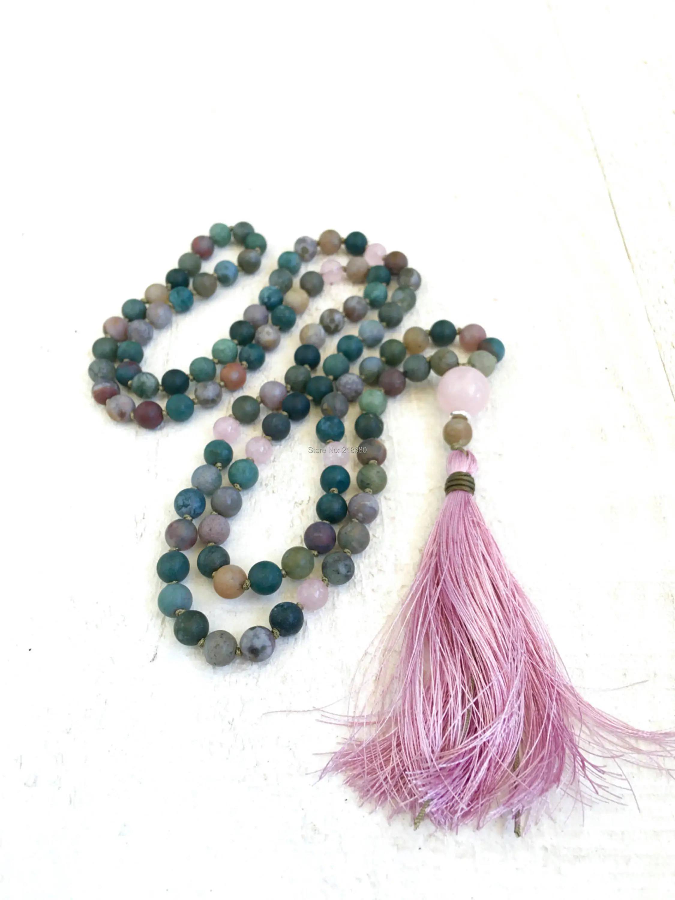 M60624084 Knotted India Agates Beads Necklace Pink Silk Tassel 