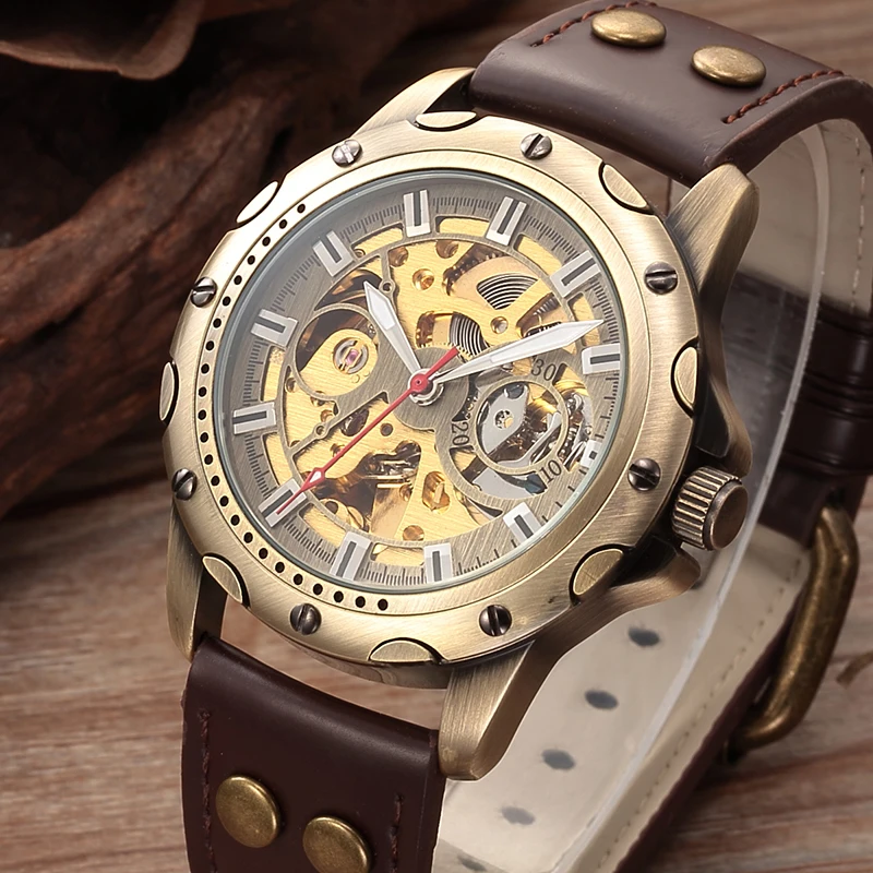 SHENHUA Retro Bronze Skeleton Men Mechanical Automatic Watches Male Sport Leather Self Winding Business Clock Relogio Masculino