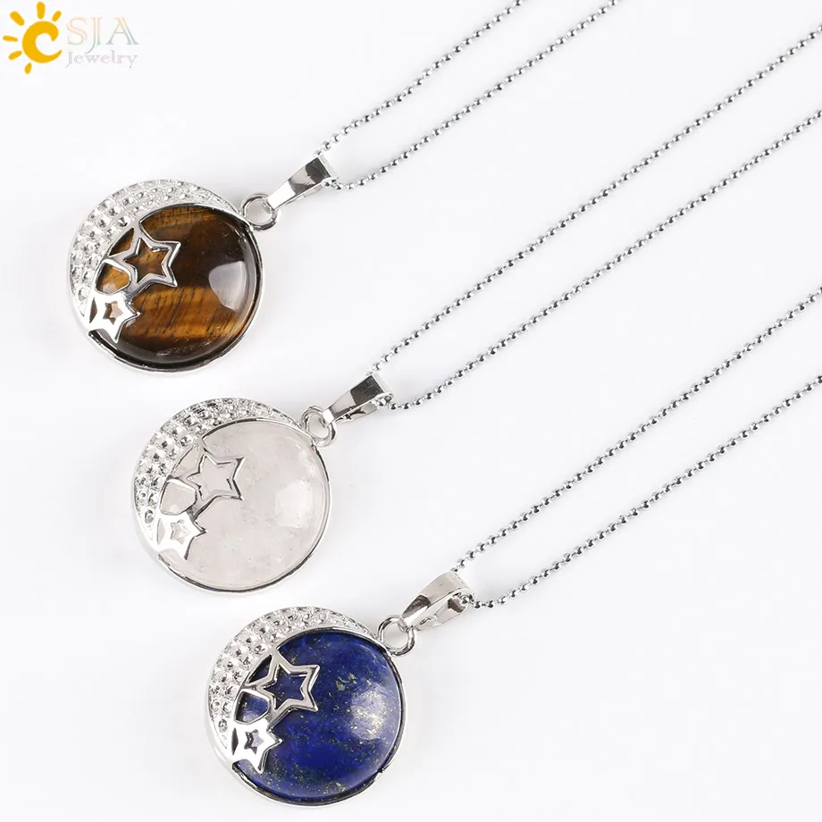 CSJA Reiki Chakra Yoga Semi Precious Natural Stone Pendant Rose Crystal Necklace Female Jewelry Love Moon Stars Back Hollow E175