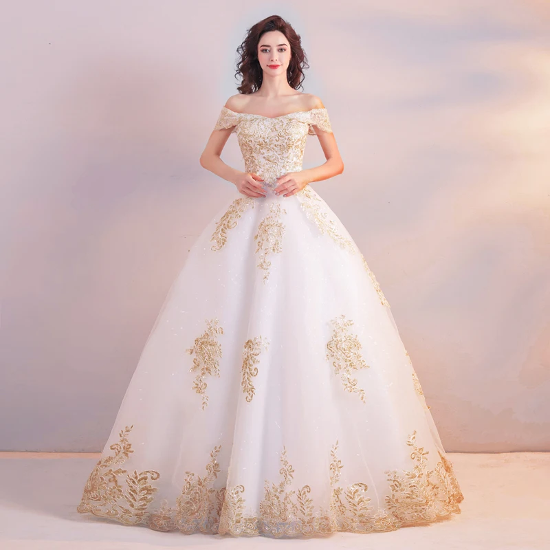 New Arrival Full Length Wedding Dresses Off The Shoulder Gold Sequins Appliques Sparkle Tulle A-line Lace Up Back Bridal Gowns